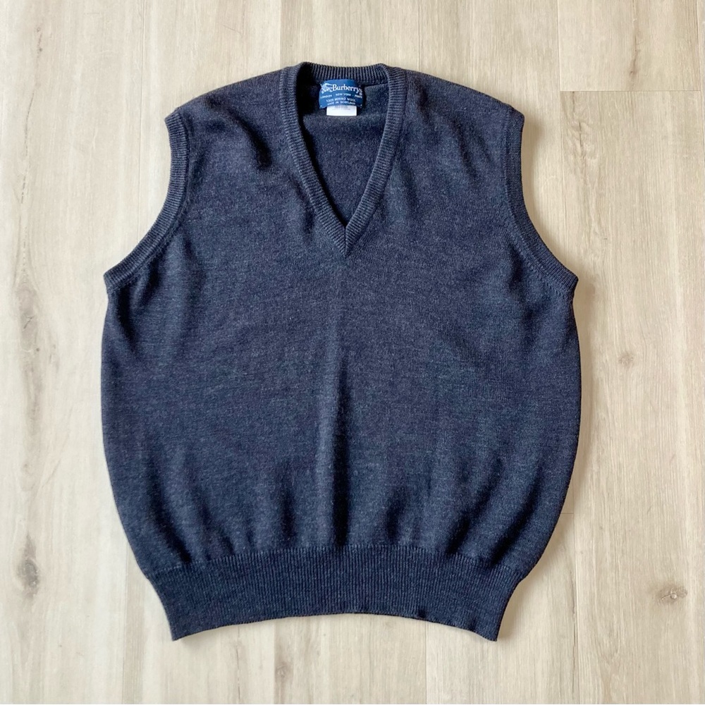 Vintage 90s Burberry 100% Merino Wool Sweater Vest Pullover V Neck Gray